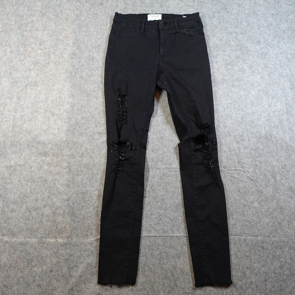 Frame Jeans Womens 28 Le High Skinny Black Denim Raw Hem Jefferson‎ Noir